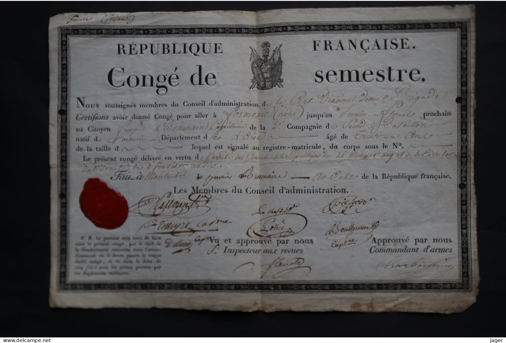 An 11 Congé Du 110 1/2 Brigade Capitaine BEAURAIN Autographes Général De La Révolution Lot 3 - Historical Documents