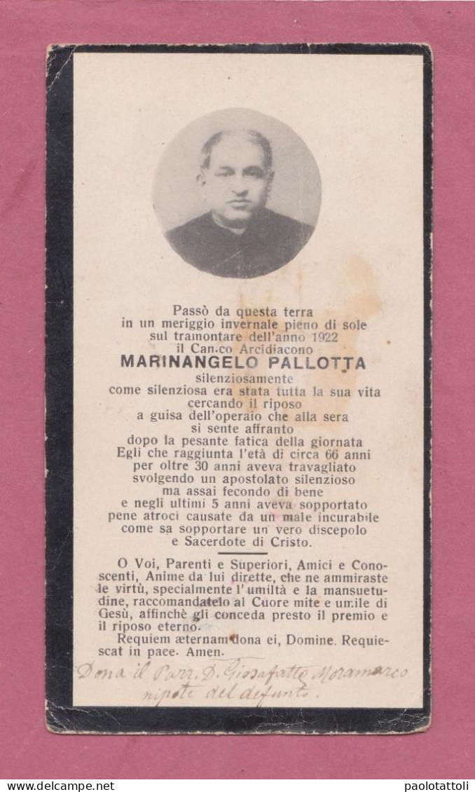 Luttino, Mourning Card- Arcidiacono Marinangelo Pallotta,1922. Dim. 123x 70mm - Décès