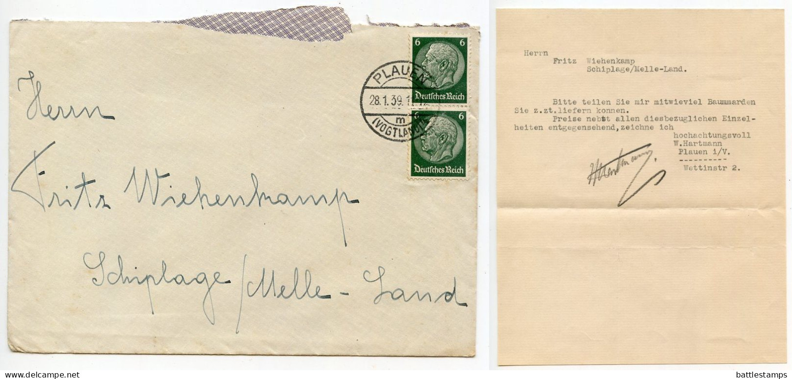 Germany 1939 Cover & Letter; Plauen (Vogtland) To Schiplage; 6pf. Hindenburg, Pair - Brieven En Documenten