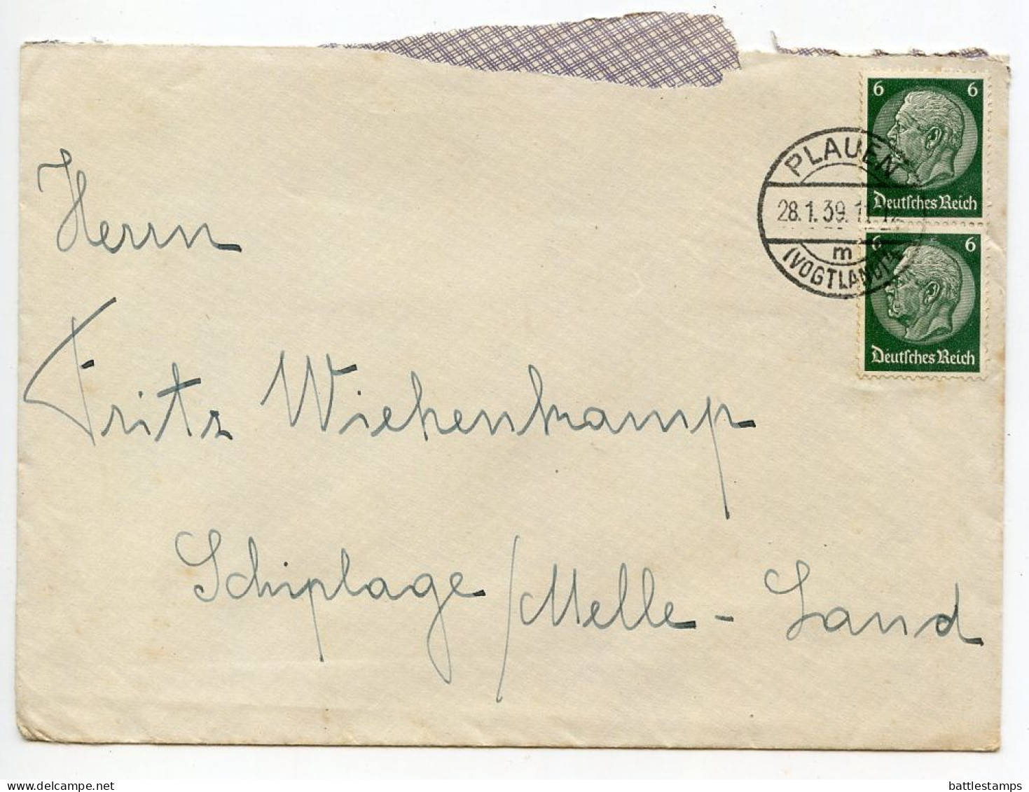 Germany 1939 Cover & Letter; Plauen (Vogtland) To Schiplage; 6pf. Hindenburg, Pair - Lettres & Documents