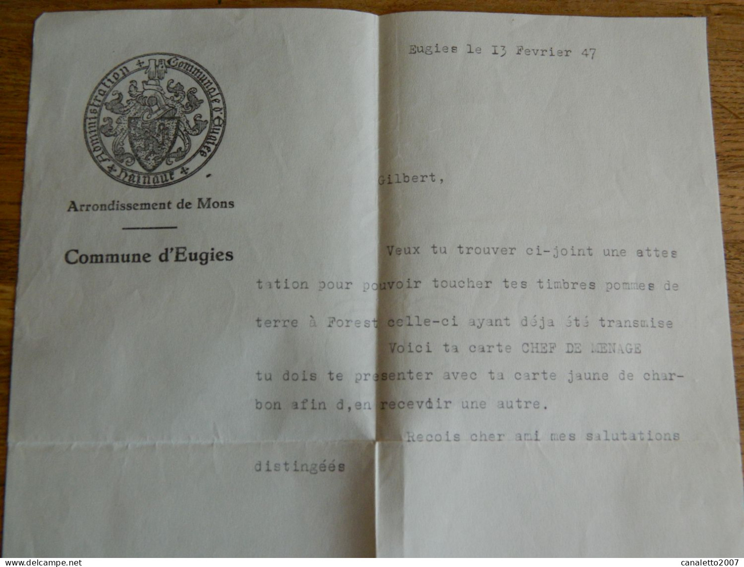 FRAMERIES -EUGIES: COURRIER DE L'ADMINISTRATION COMMUNALE D'EUGIES DE  DE 1947 POUR LE RAVITAILLEMENT - Lettres & Documents