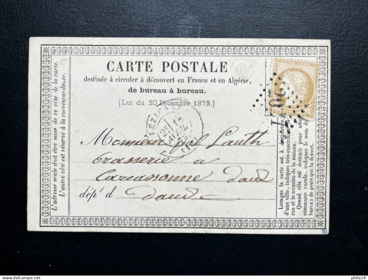 N° 59 15c BRUN CERES SUR CARTE POSTALE / LEZIGNAN POUR CARCASSONNE / 18 AVRIL 1875 / LAC BR N RAISSAC - 1849-1876: Classic Period