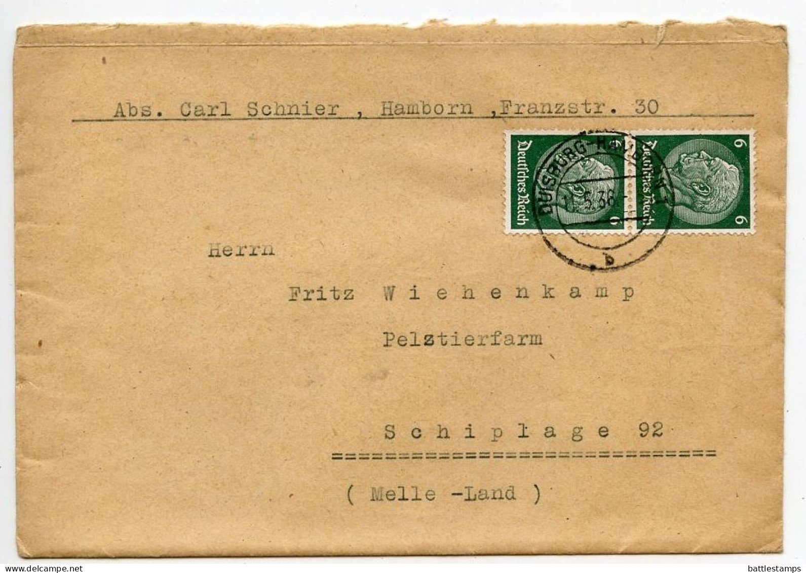 Germany 1936 Cover & Letter; Duisburg-Hamborn - Carl Schnier To Schiplage; 6pf. Hindenburg, Pair - Lettres & Documents