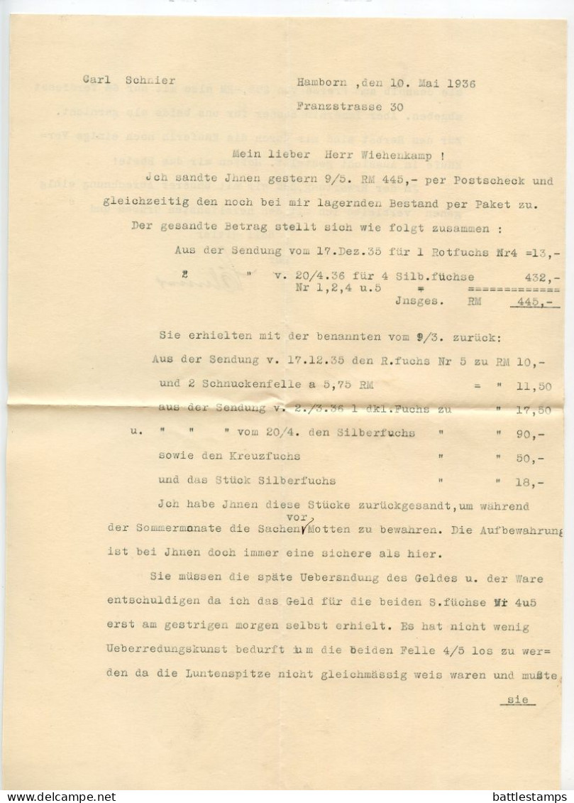 Germany 1936 Cover & Letter; Duisburg-Hamborn - Carl Schnier To Schiplage; 6pf. Hindenburg, Pair - Briefe U. Dokumente