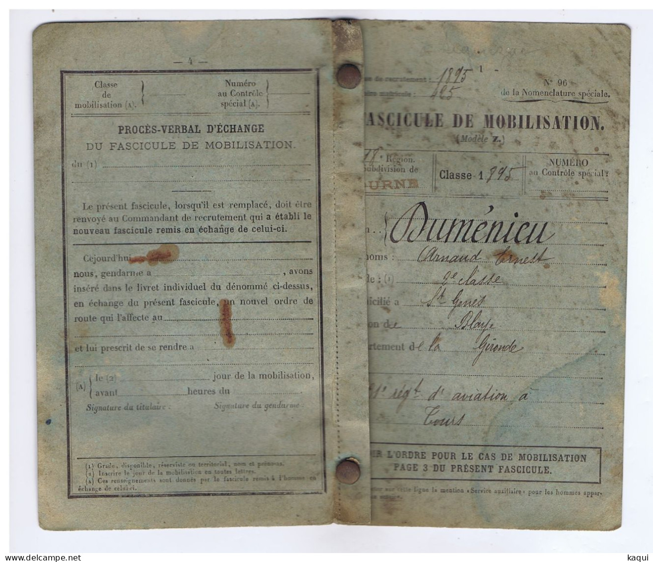 MILITARIA - FASCICULE DE MOBILISATION De 1921 - Classe 1895 - Bureau De LIBOURNE ( Gironde ) - Documents