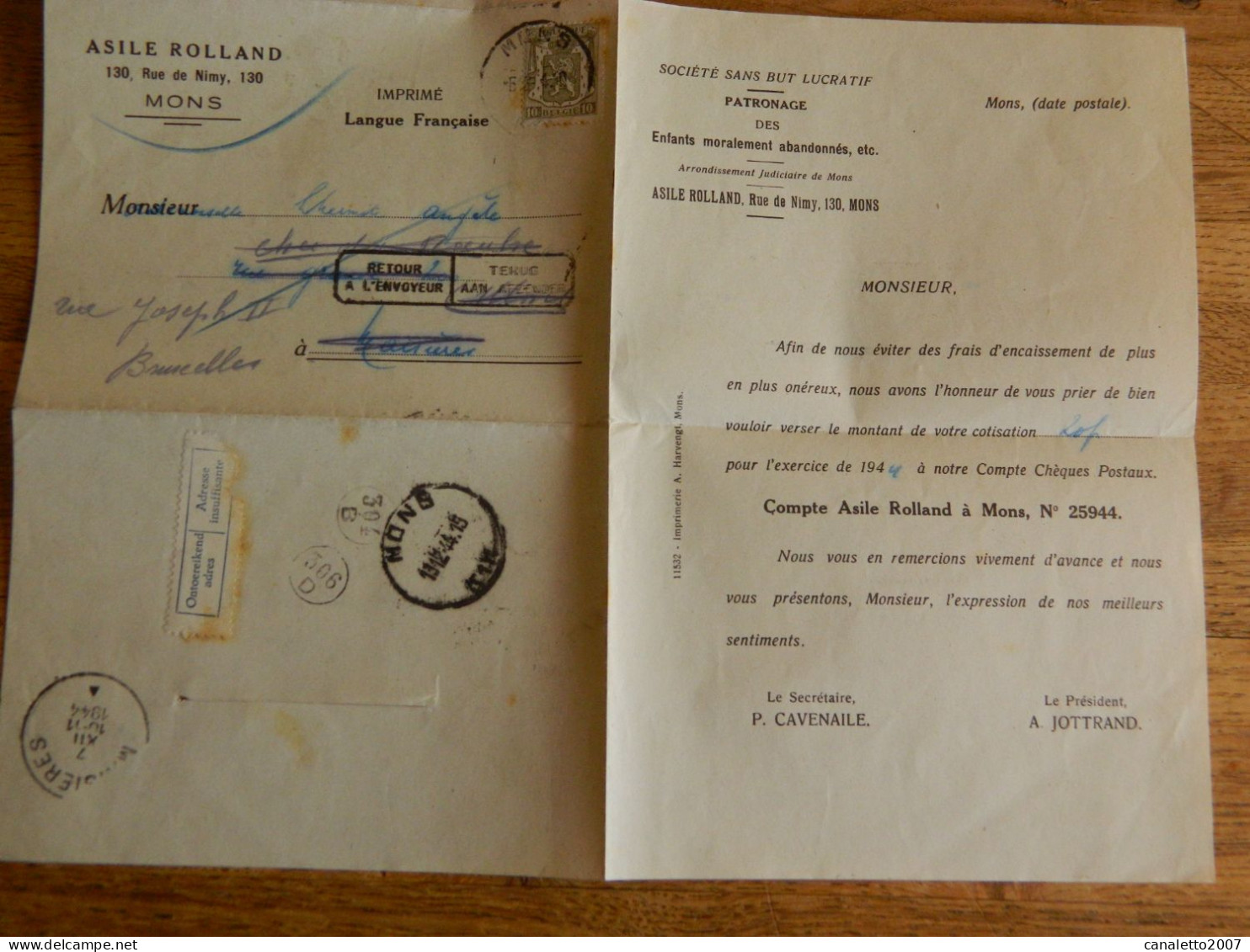 MONS: COURRIER DE L'ASILE ROLLAND 130 RUE DE NIMY DE 1944  -COURRIER RETOUR A L'ENVOYEUR - Storia Postale