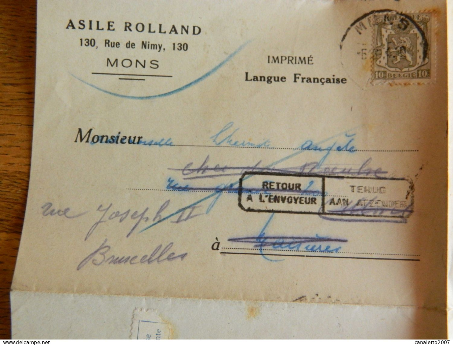 MONS: COURRIER DE L'ASILE ROLLAND 130 RUE DE NIMY DE 1944  -COURRIER RETOUR A L'ENVOYEUR - Brieven En Documenten