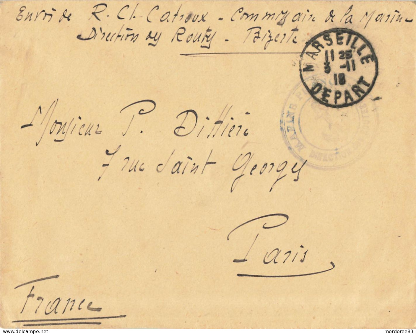 LETTRE FM MARINE FRANCAISE DIRECTION DES ROUTES BIZERTE POUR PARIS CAD MARSEILLE 3/11/1918 - Briefe U. Dokumente