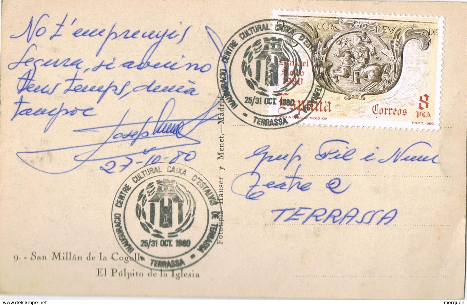 55074. Postal TARRASA (Barcelona) 1980. Vista Pulpito San Millan De La Gogolla De LOGROÑO - Storia Postale