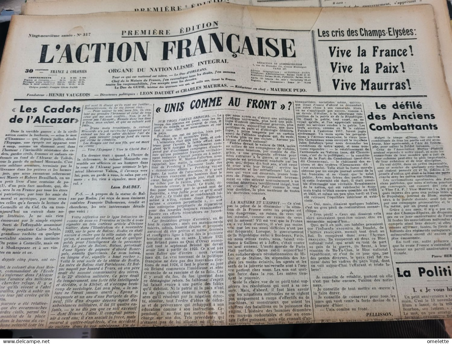 ACTION FRANCAISE 36/MAURRAS DAUDET /GUERRE ESPAGNE ALCAZAR/PELLISSON UNIS FRONT/PRISE MADRID - Other & Unclassified