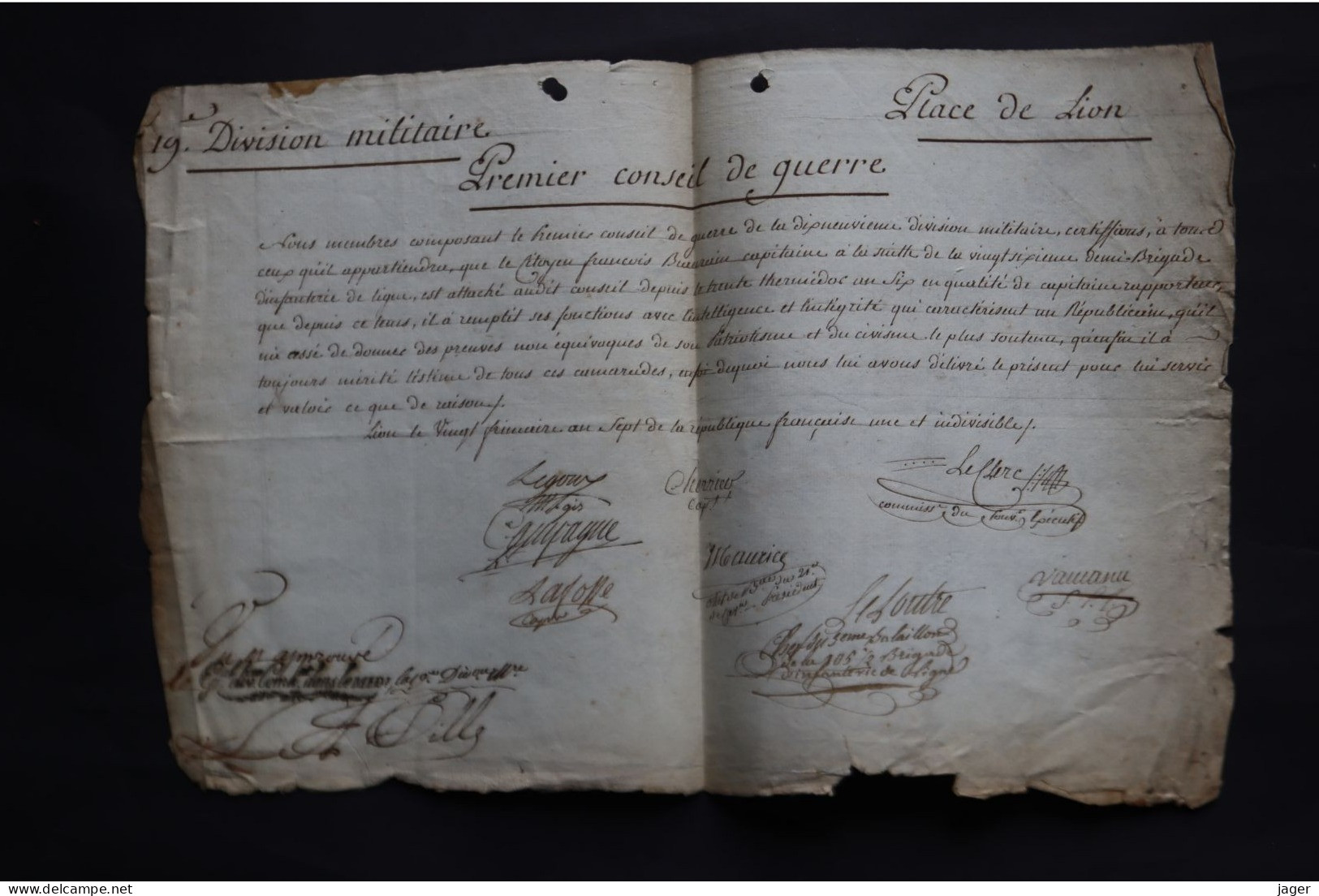 An 7 Certificat Du 26 1/2 Brigade Capitaine BEAURAIN Place De LION Autographes Général De La Révolution Lot 2 - Historical Documents