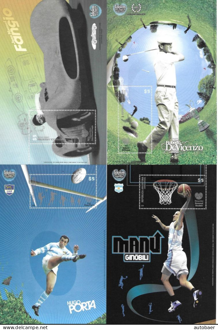 Argentina 2008 Sport Idols Idolos Del Deporete Fangio Porta De Vicenzo Ginobili Mi.Bl. 100-3(3233-6) MNH Postfr. Neuf ** - Ongebruikt