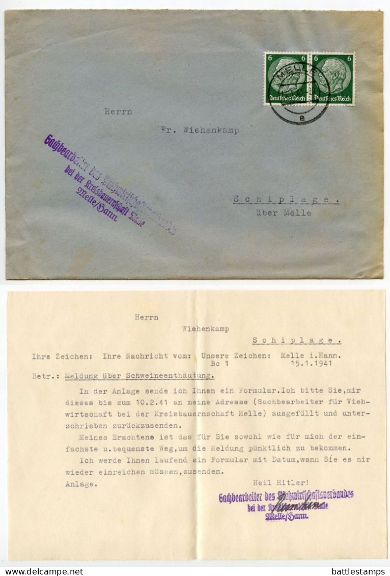 Germany 1941 Cover & Letter; Melle - Sachbearbeiter Für Viehwirtschaftverbandes; 6pf. Hindenburg, Pair - Covers & Documents