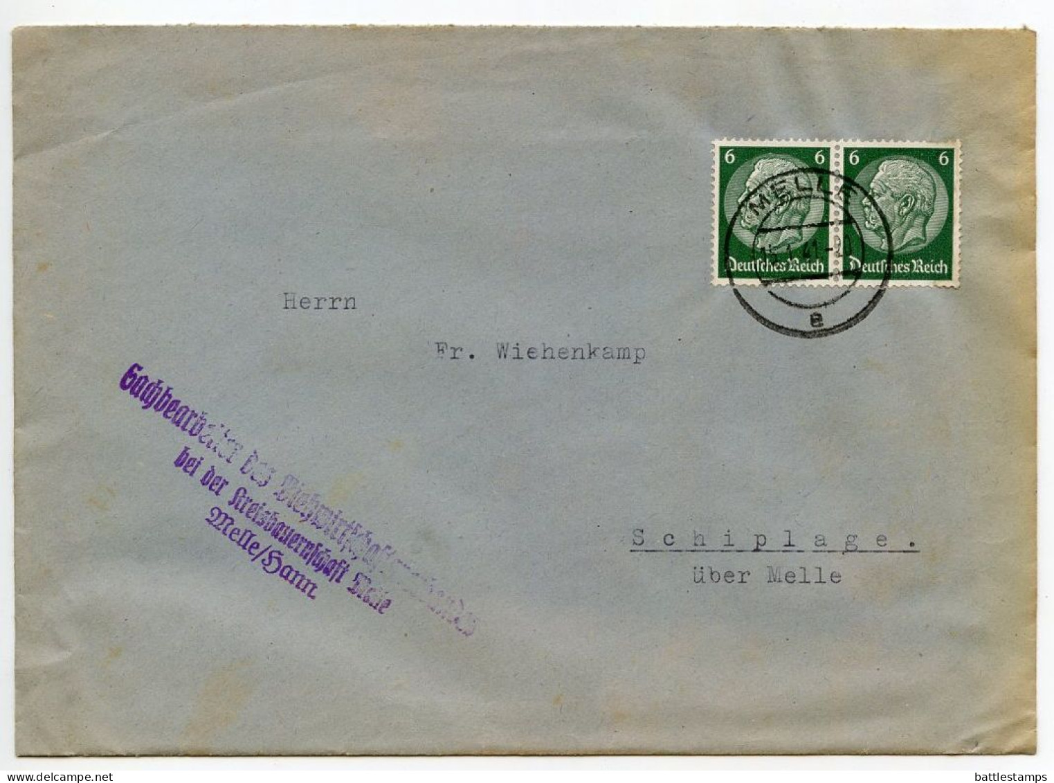 Germany 1941 Cover & Letter; Melle - Sachbearbeiter Für Viehwirtschaftverbandes; 6pf. Hindenburg, Pair - Brieven En Documenten