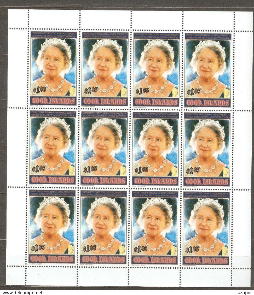 Cook Islands: Mint Sheet, 90 Years Of Birth Of HRM Elizabeth, 1990, Mi#1310, MNH. - Cookeilanden