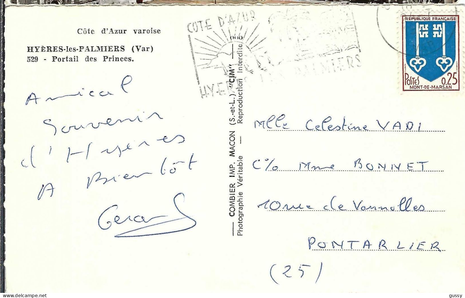 FRANCE Ca.1967: CP Ill. De Hyères (Var) Pour Pontarlier (Doubs) - Covers & Documents