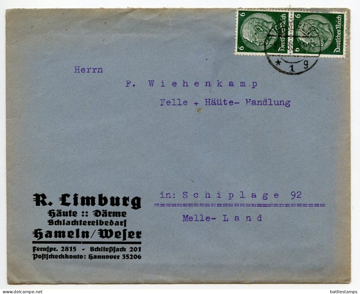 Germany 1935 Cover & Letter; Hameln - R. Limburg, Felle Und Häute To Schiplage; 6pf. Hindenburg, Pair - Briefe U. Dokumente