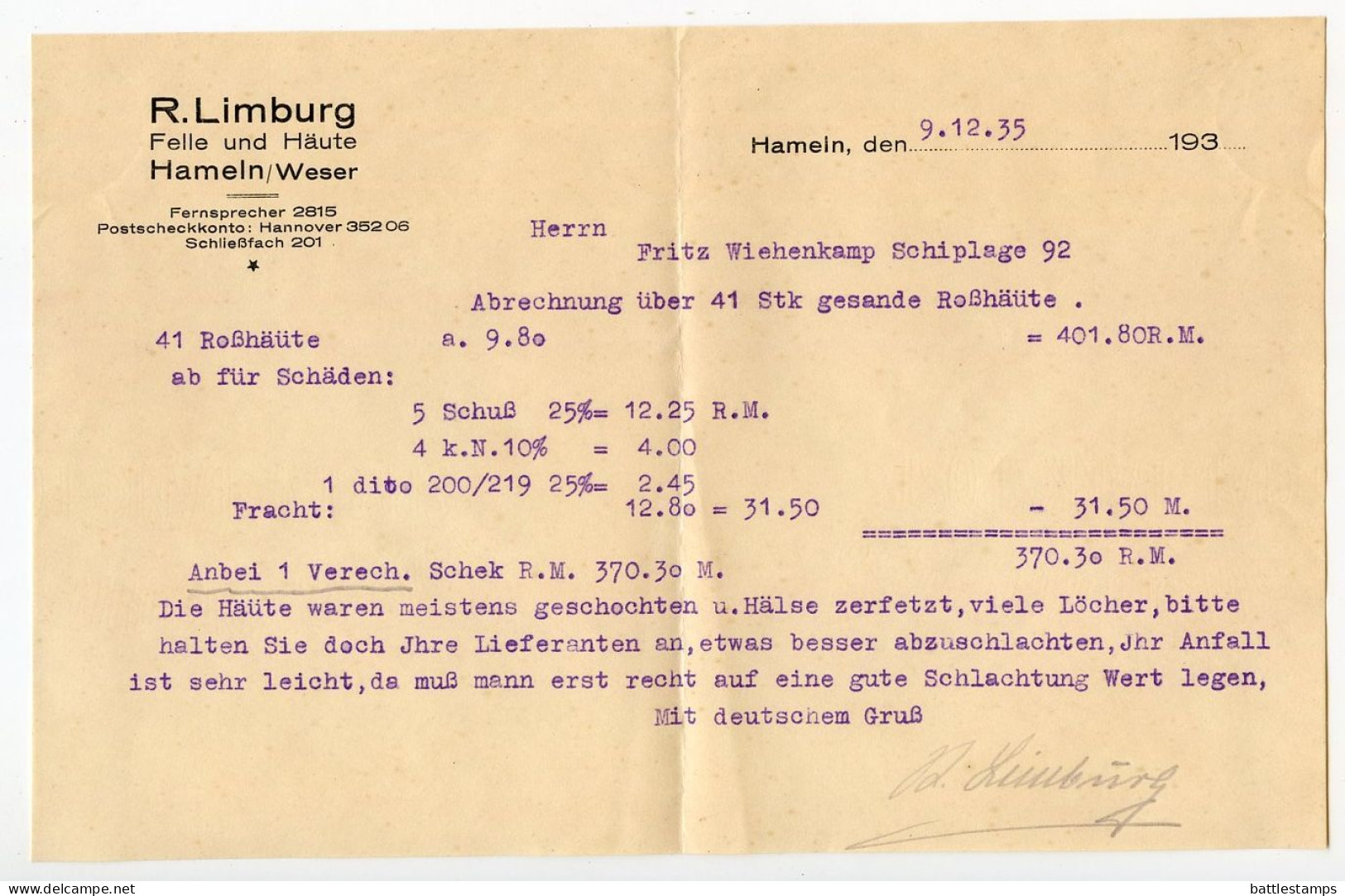 Germany 1935 Cover & Letter; Hameln - R. Limburg, Felle Und Häute To Schiplage; 6pf. Hindenburg, Pair - Lettres & Documents