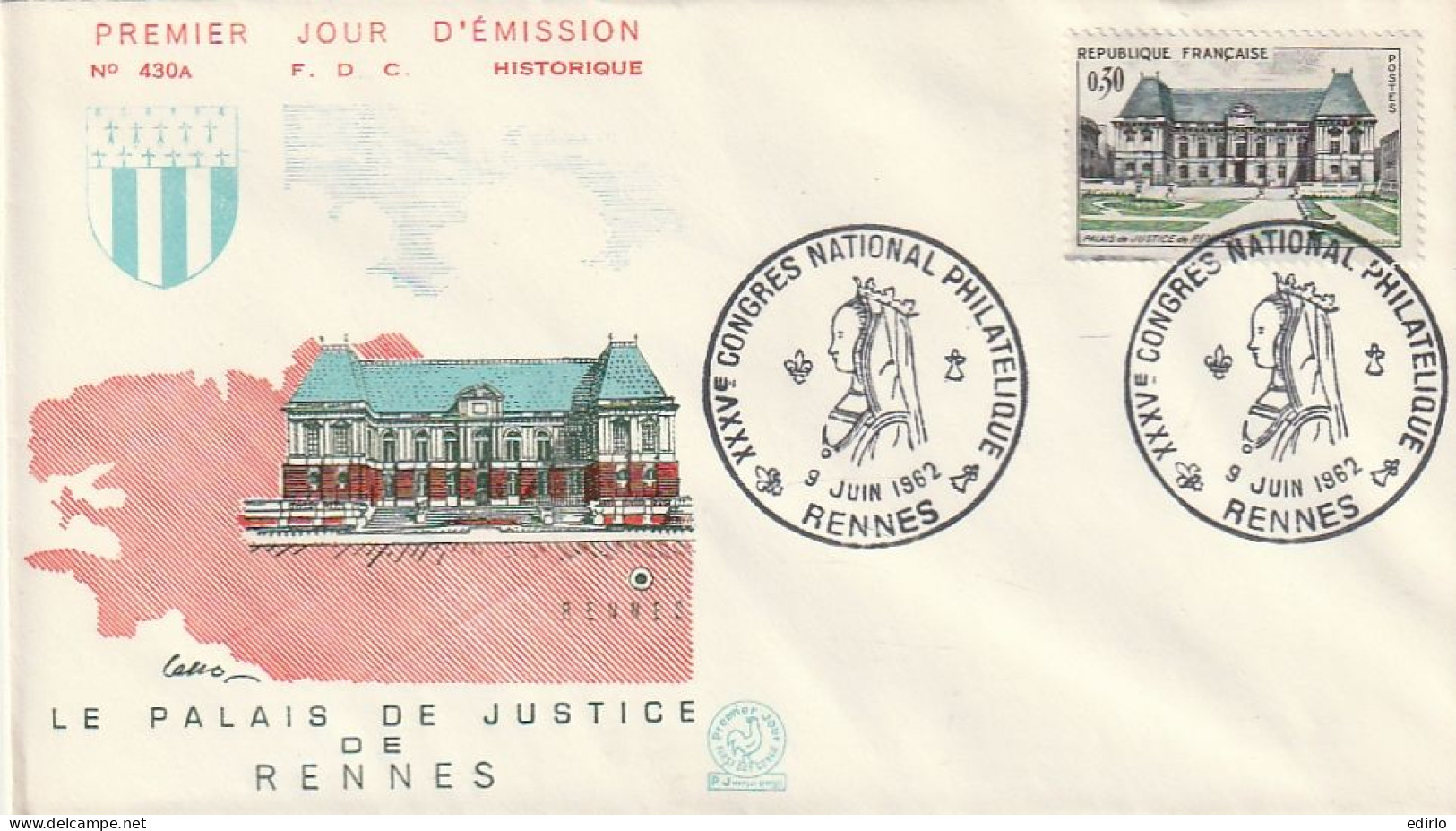 ///   FRANCE ///    PREMIER JOUR ---  FDC  --- Le Palais De Justice De Rennes - 1960-1969