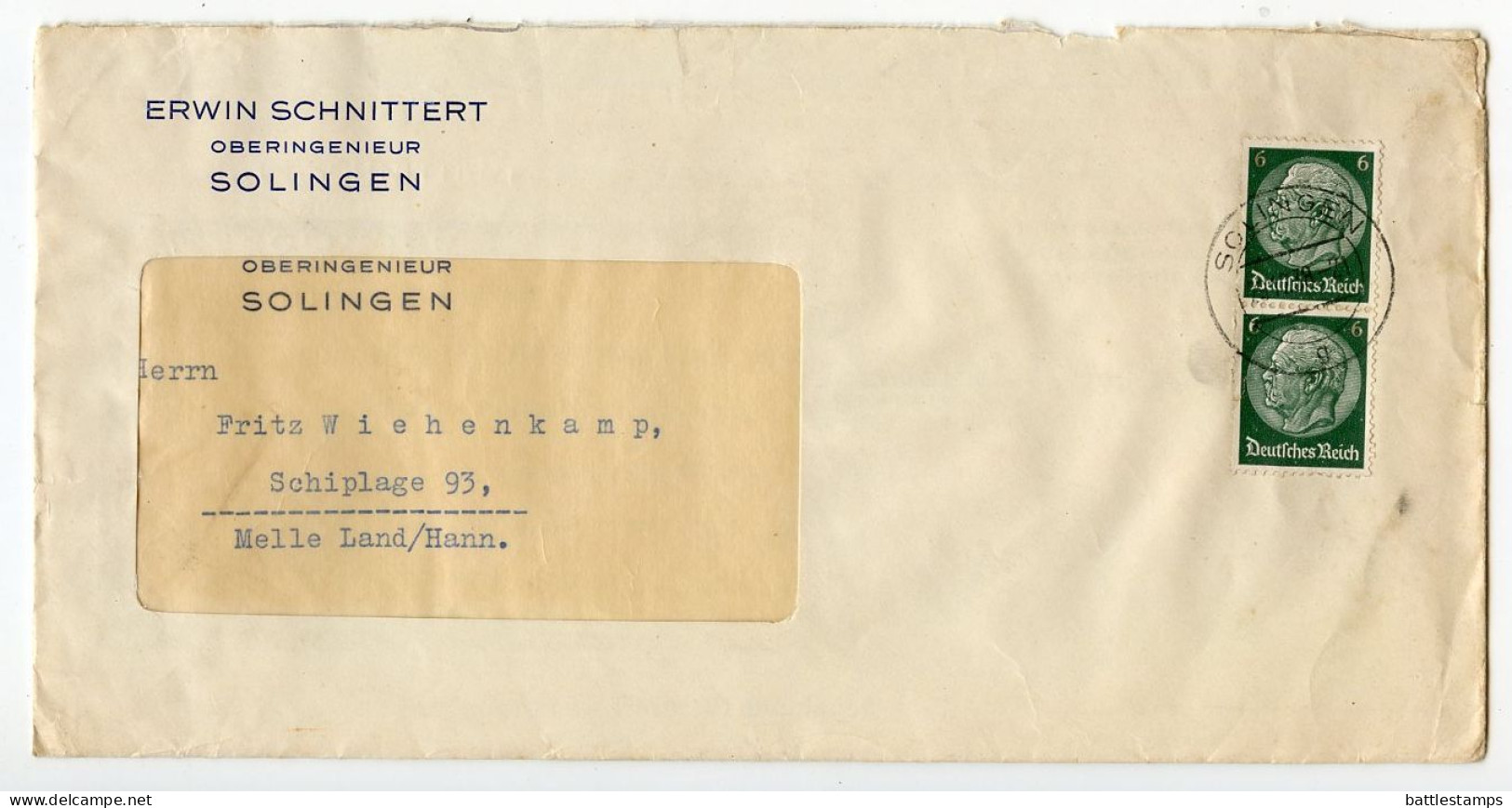 Germany 1939 Cover & Letter; Solingen - Erwin Schnittert, Oberingenieur (Senior Engineer); 6pf. Hindenburg, Pair - Briefe U. Dokumente