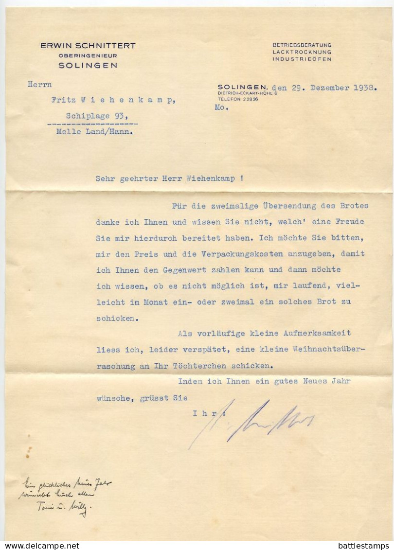 Germany 1939 Cover & Letter; Solingen - Erwin Schnittert, Oberingenieur (Senior Engineer); 6pf. Hindenburg, Pair - Covers & Documents