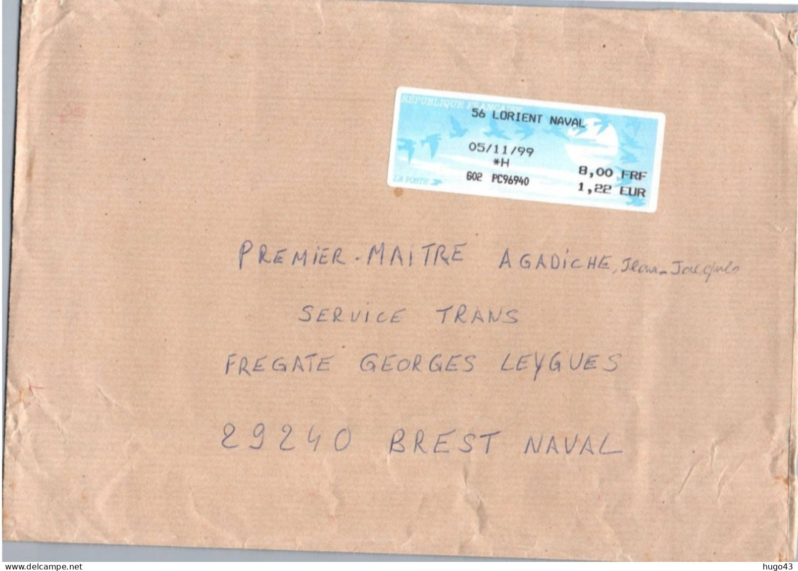 ENVELOPPE AVEC ETIQUETTE LORIENT NAVAL LE 05/11/1999 - Seepost