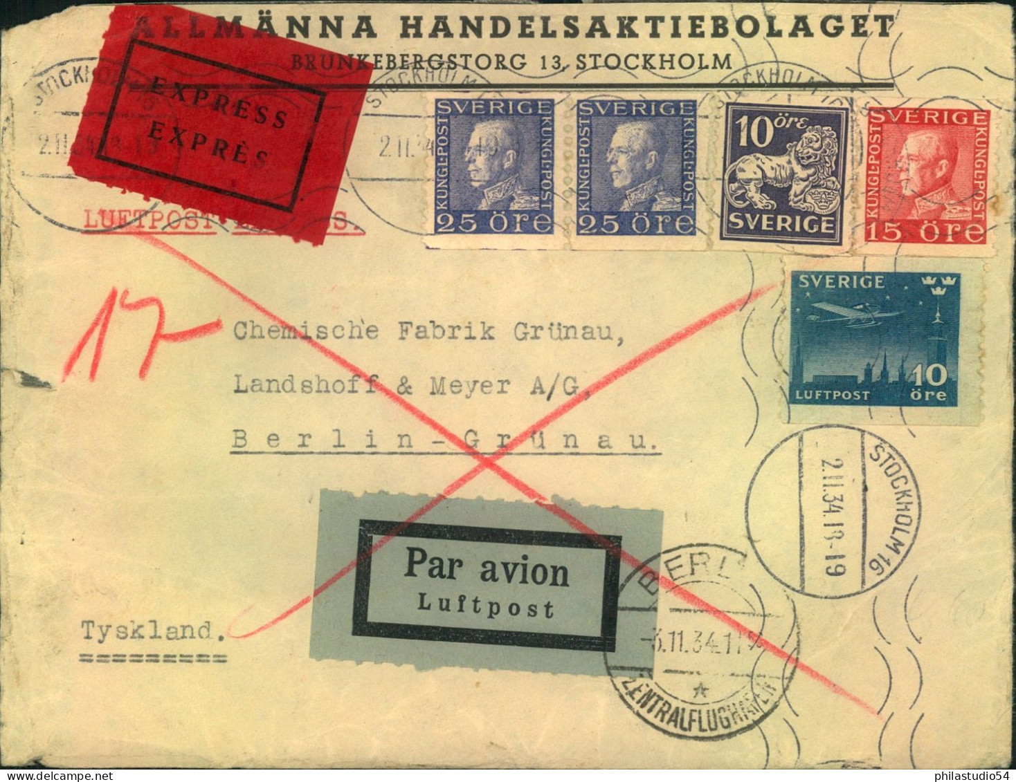 1934, Express Via Air Mail From STOCKHOLM To Berlin - Covers & Documents