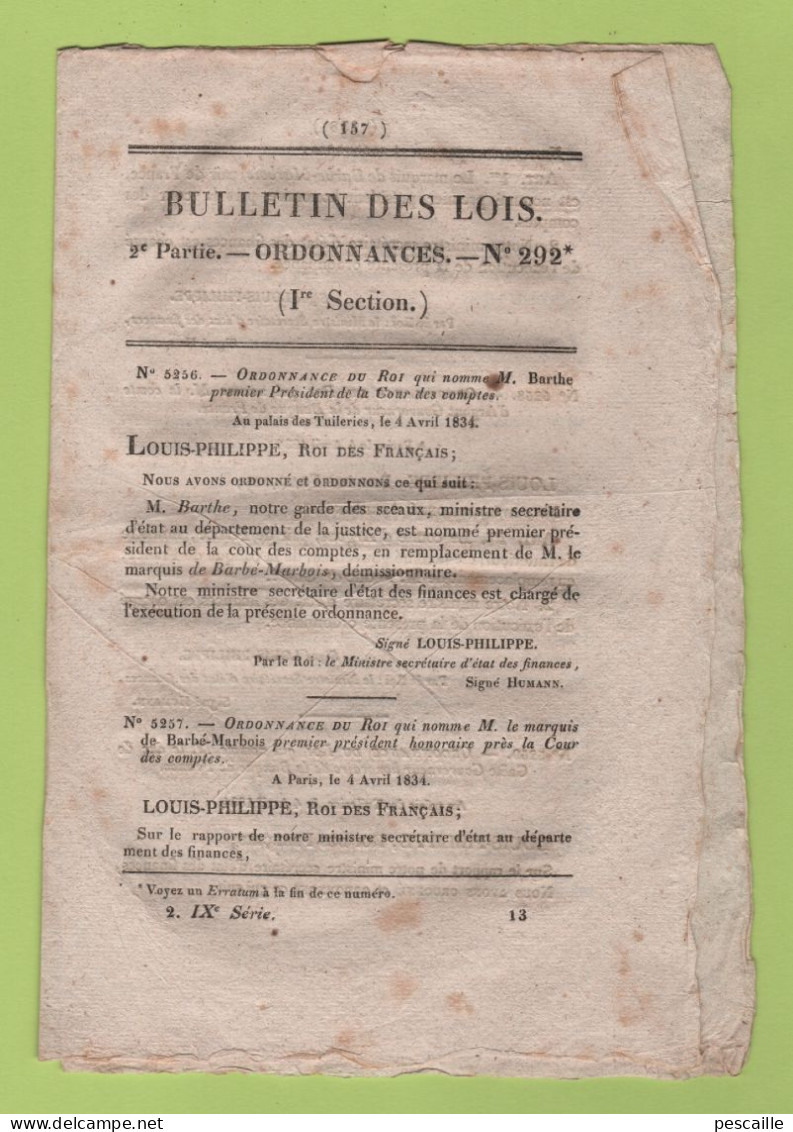 1834 BULLETIN DES LOIS - COUR DES COMPTES - BANQUE DE FRANCE - BACS BAS RHIN SUR L'ILL WANTZENAU ILLKIRCH OHNENHEIM ... - Wetten & Decreten