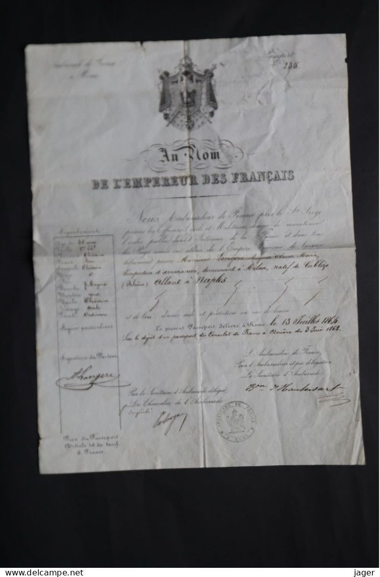 1862 Au Nom De L'Empereur Passeport N°235 Ambassade De Rome Aux Armes Impériales - Historical Documents