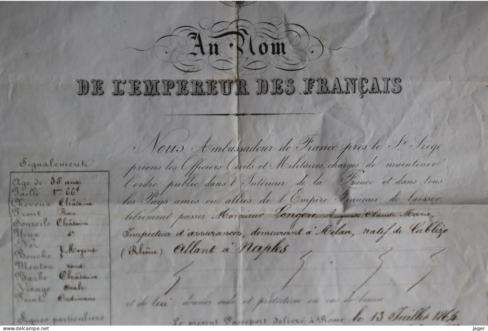 1862 Au Nom De L'Empereur Passeport N°235 Ambassade De Rome Aux Armes Impériales - Historical Documents