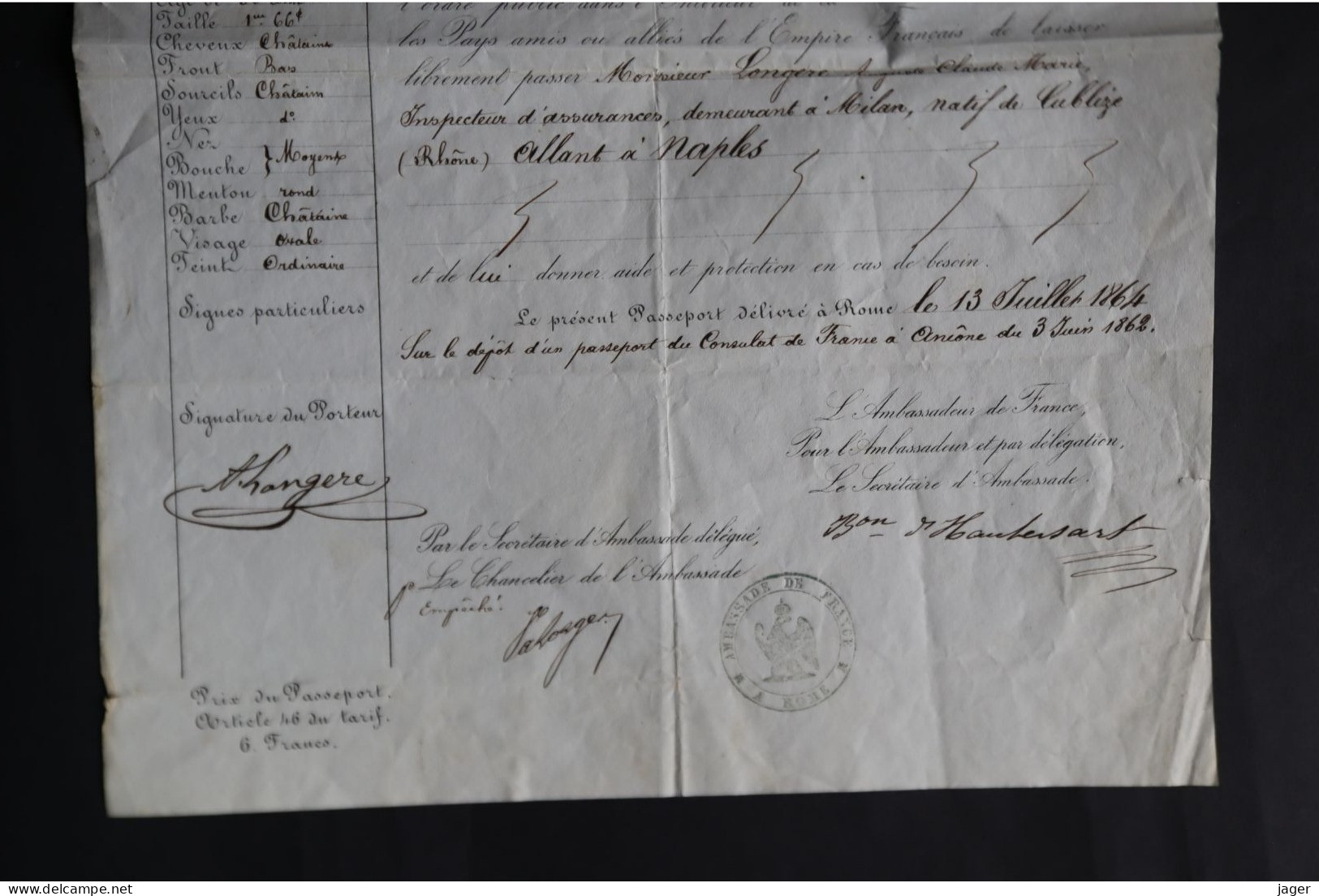 1862 Au Nom De L'Empereur Passeport N°235 Ambassade De Rome Aux Armes Impériales - Documents Historiques