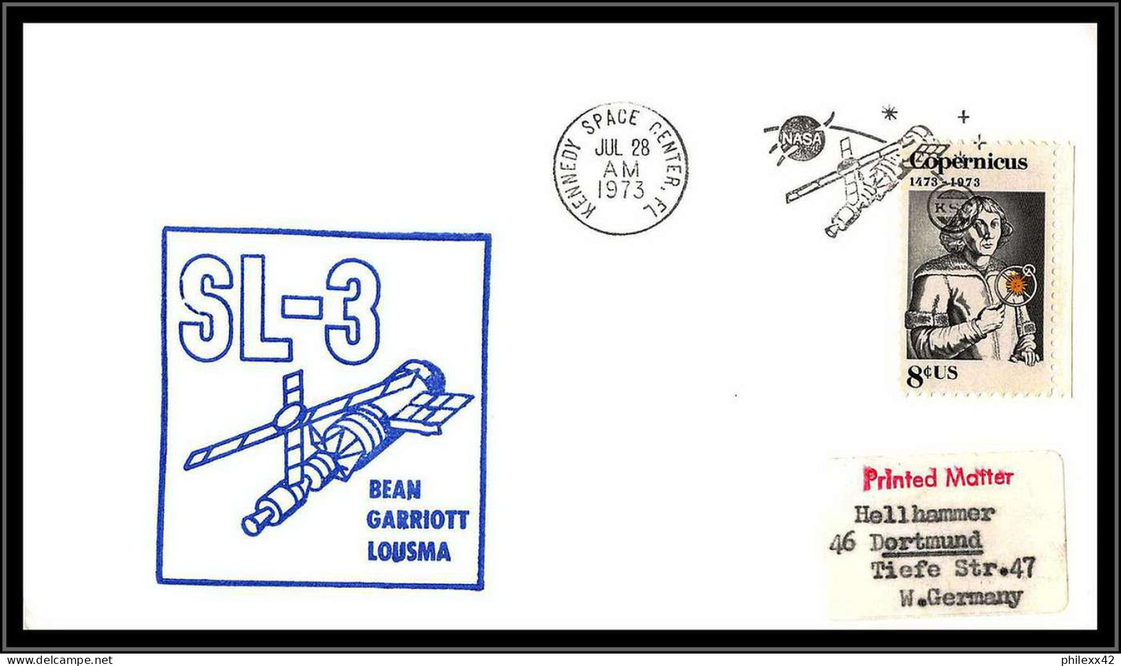 66223 Skylab 3 28/7/1973 USA Espace Kennedy Space Center Copernicus Lettre Cover - United States