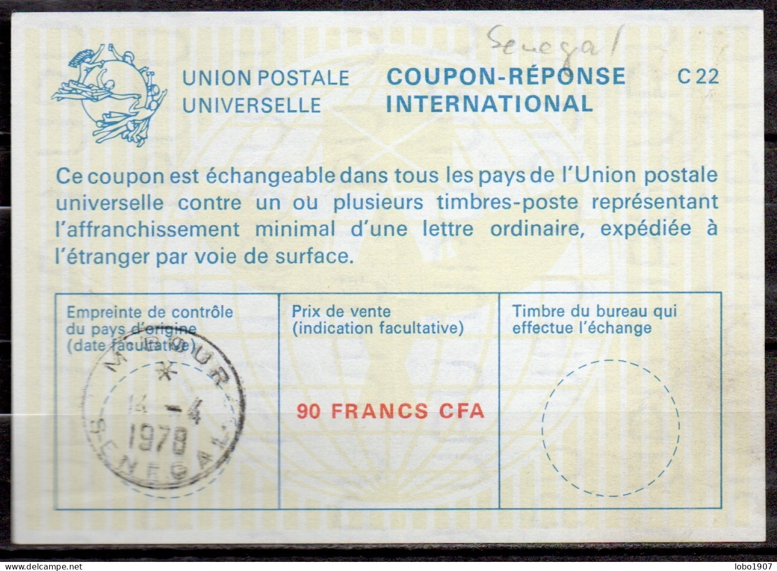 SENEGAL La23A  90 FRANCS CFA International Reply Coupon Reponse Antwortschein Cupon Respuesta IRC IAS O M'BOUR 14.04.78 - Sénégal (1960-...)