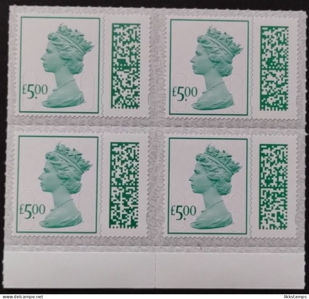 S.G. V4840 MARGINAL BLOCK OF 4 X £5.00p NEW BARCODED MACHINS UNFOLDED & NHM #02321 - Machins