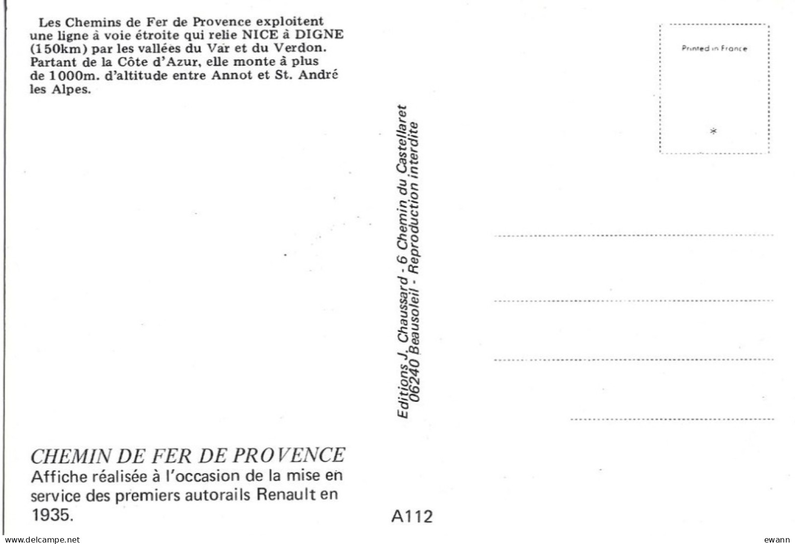 Carte Postale - Reproduction Affiche - Chemins De Fer De Provence - De Nice à Digne - Sonstige & Ohne Zuordnung