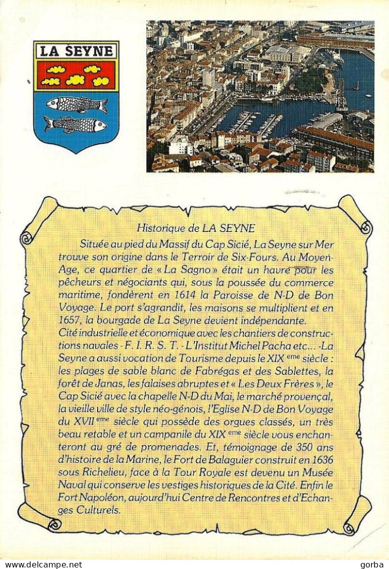*CPM Toilée - 83 - LA SEYNE Sur MER -  Vue Du Port - Blason Et Historique - La Seyne-sur-Mer