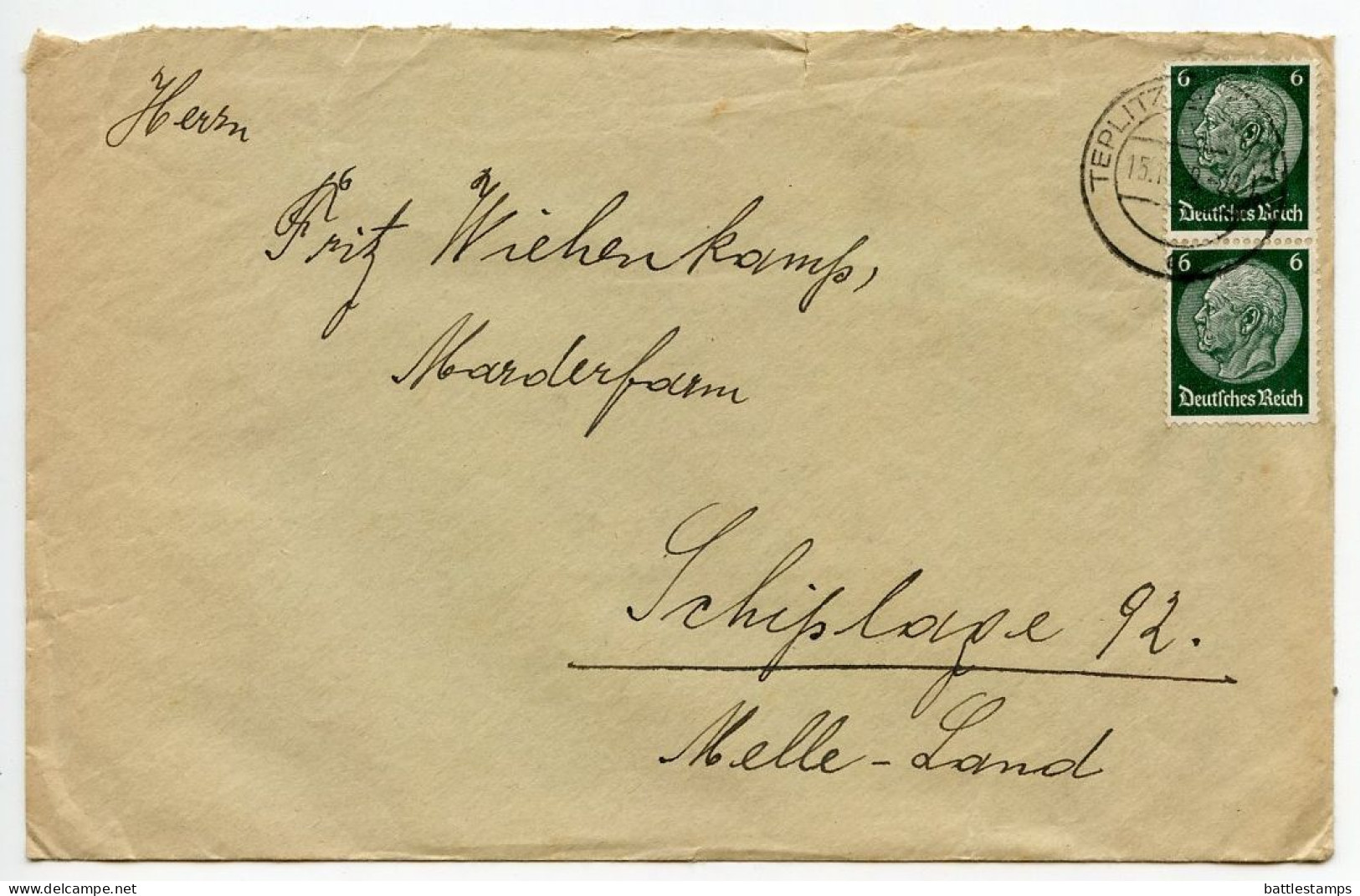 Germany 1939 Cover & Letter; Teplitz-Schönau (Teplice) To Schiplage; 6pf. Hindenburg, Pair - Brieven En Documenten