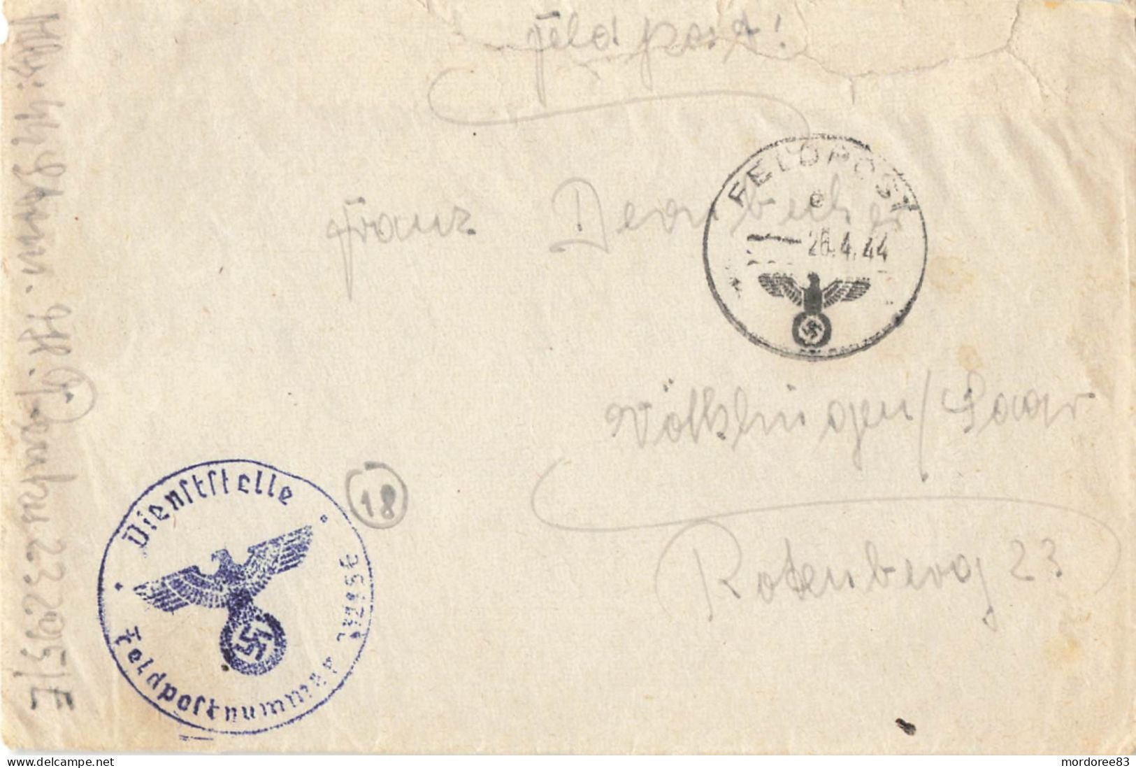 ALLEMAGNE DEVANT DE LETTRE FELDPOST 26/4/1944 CACHET DIENSTELLE - Cartas & Documentos