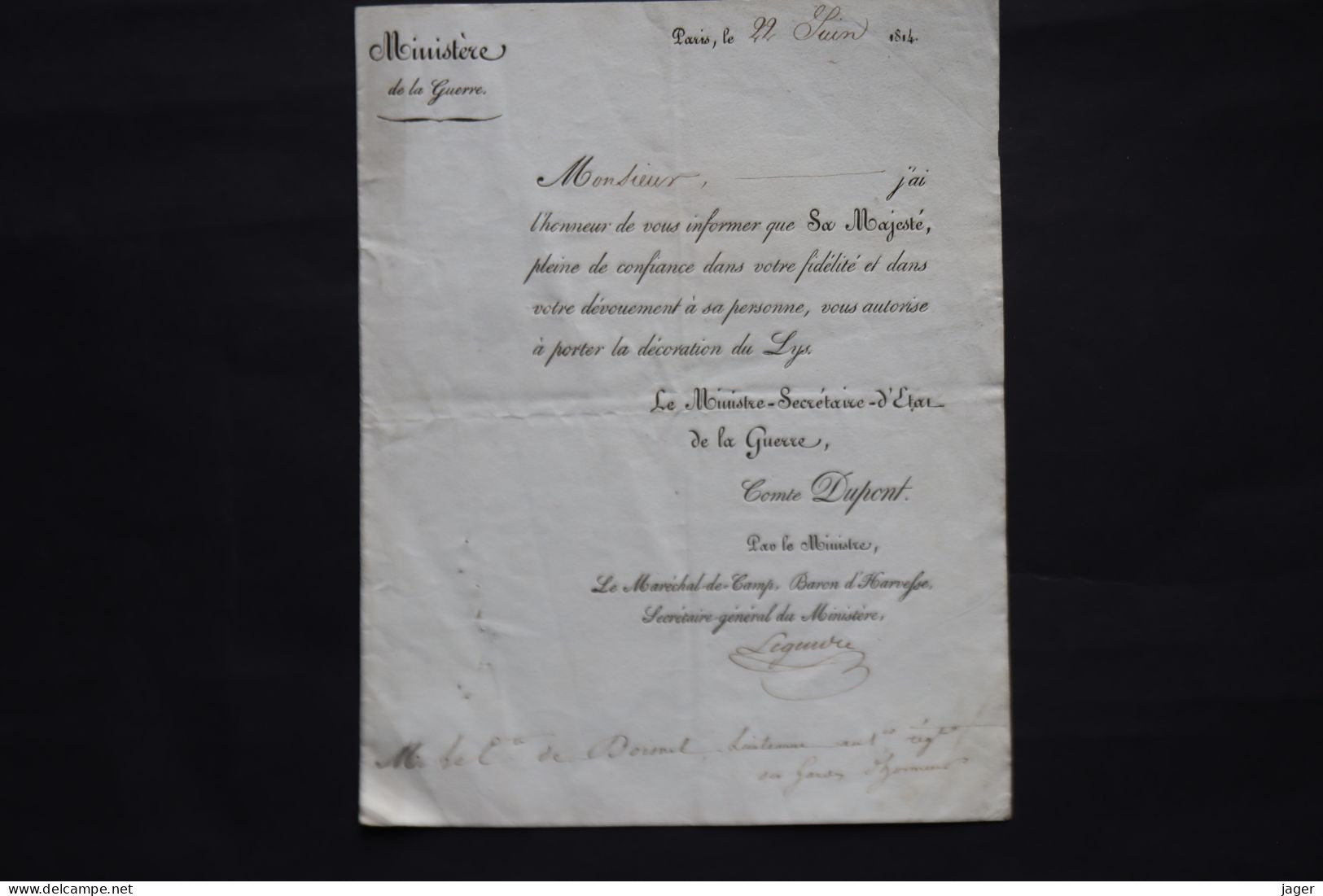 1814 Brevet Décoration Du LYS Pour Le Comte De Doisnel Lieutenant Au 1er Régiment Des Gardes D'honneur - Documents Historiques