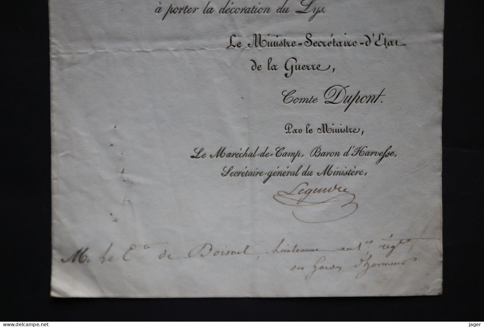 1814 Brevet Décoration Du LYS Pour Le Comte De Doisnel Lieutenant Au 1er Régiment Des Gardes D'honneur - Documents Historiques