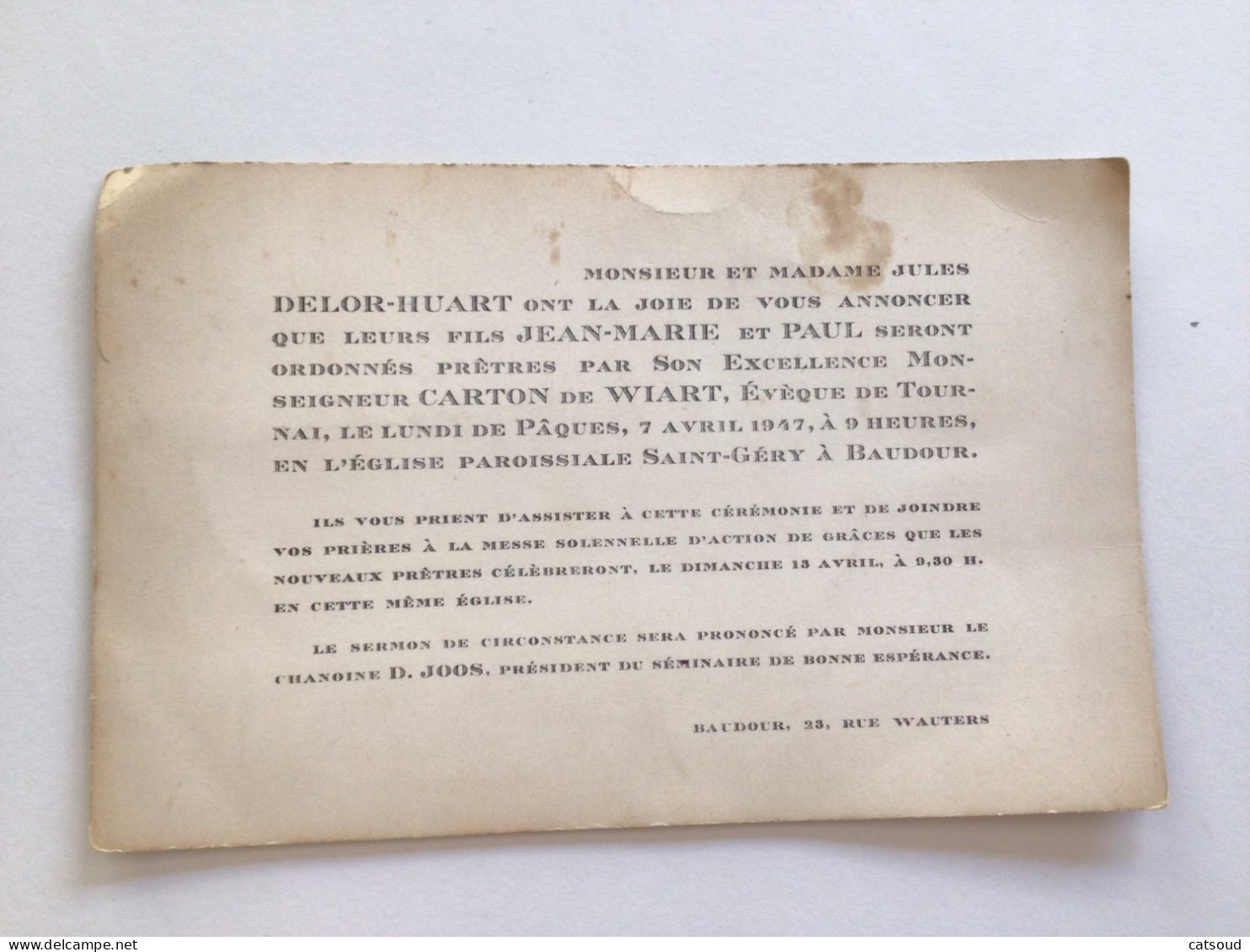 Ancien Faire-part Ordination Sacerdotale De Jean-Marie Et Paul Delor Par Monseigneur Carton De Wiart Évêque De Tournai - Andere & Zonder Classificatie