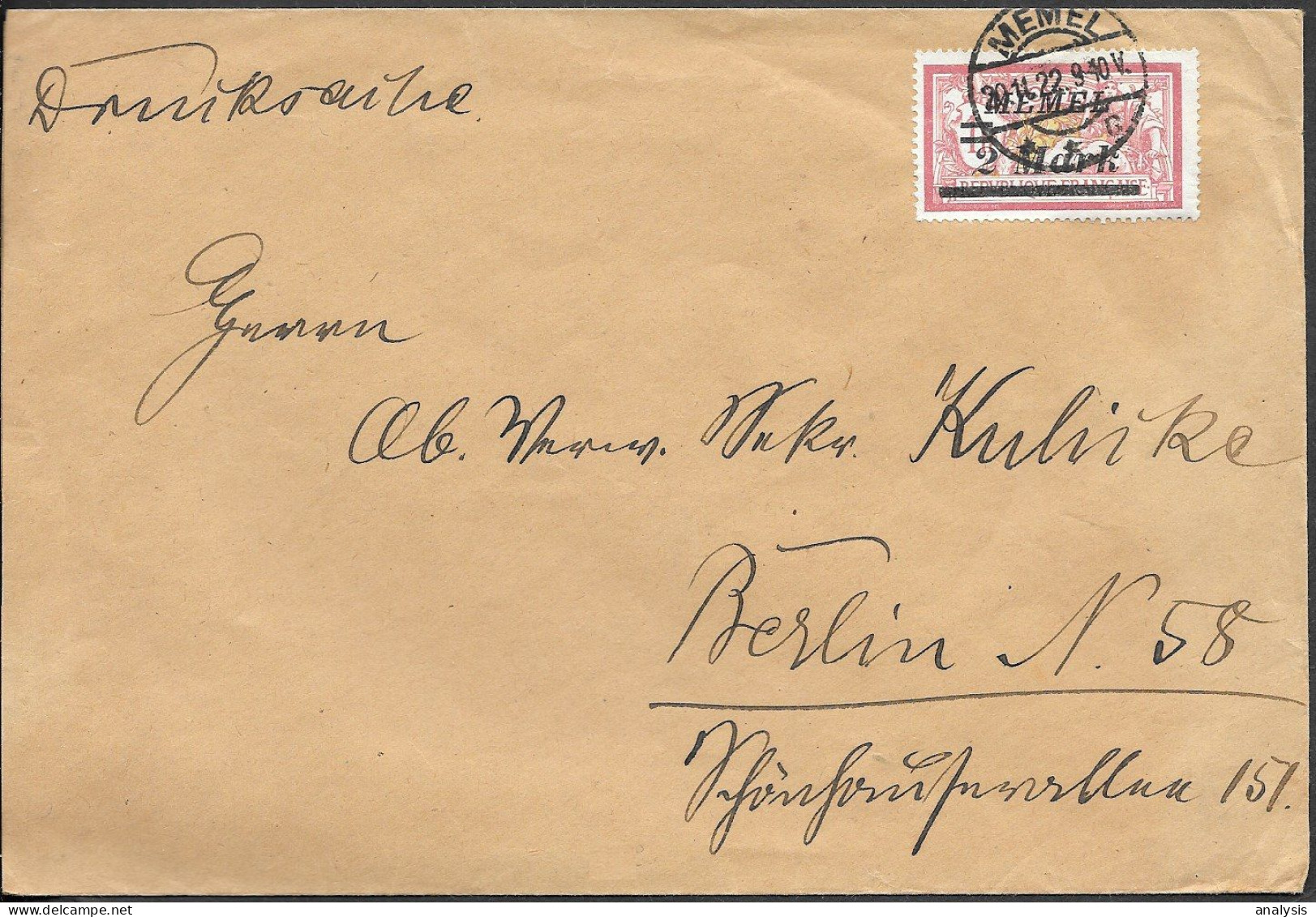 Germany Memel Cover Mailed To Berlin 1923. 2M Ovpr Stamp. Lithuania Klaipeda - Memelgebiet 1923