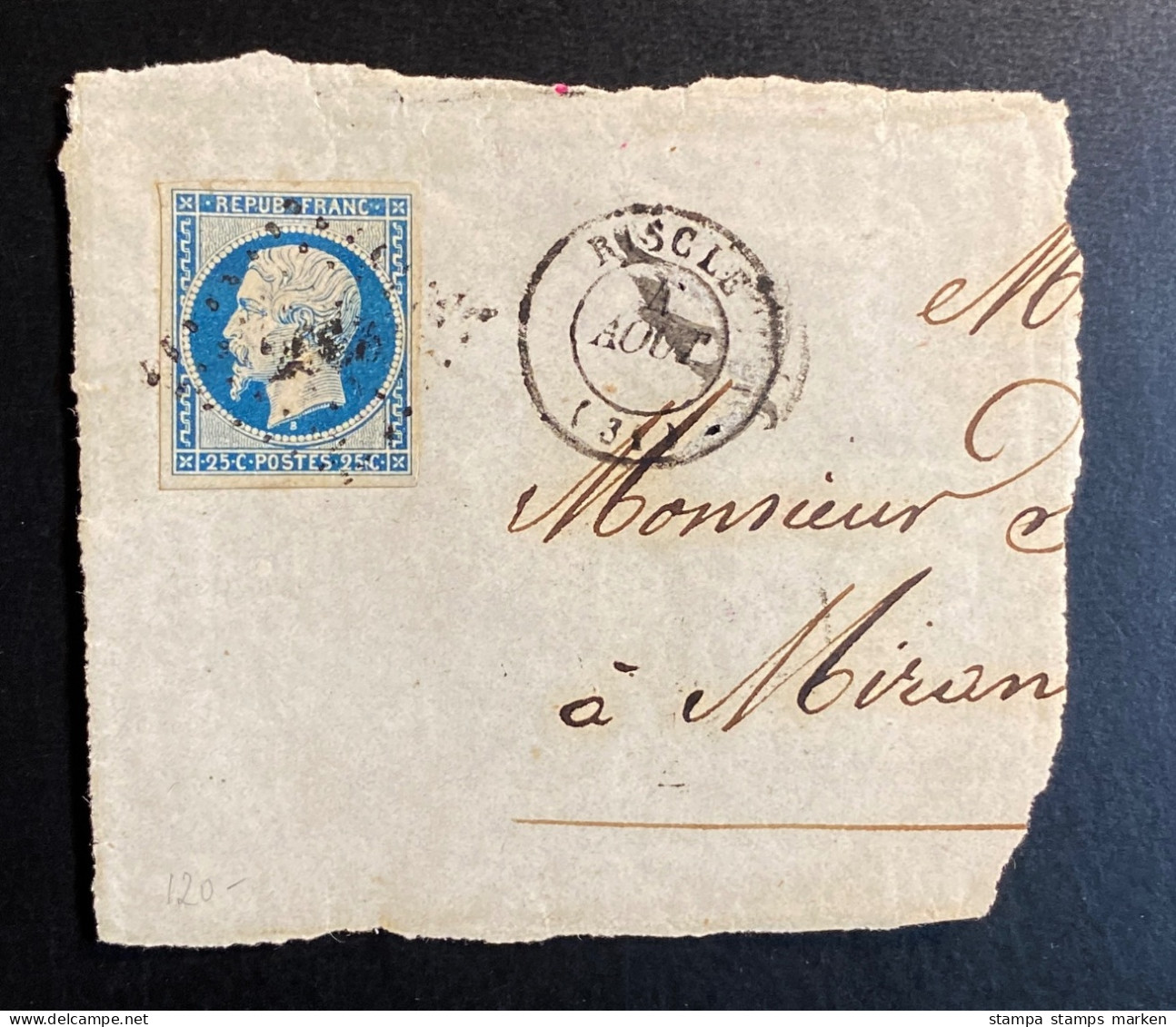 Frankreich 1852 Napoleon Mi. 9, Yvert 10 Gestempelt/o RISCLE + RAUTENSTEMPEL Auf Briefstück - 1852 Luigi-Napoleone