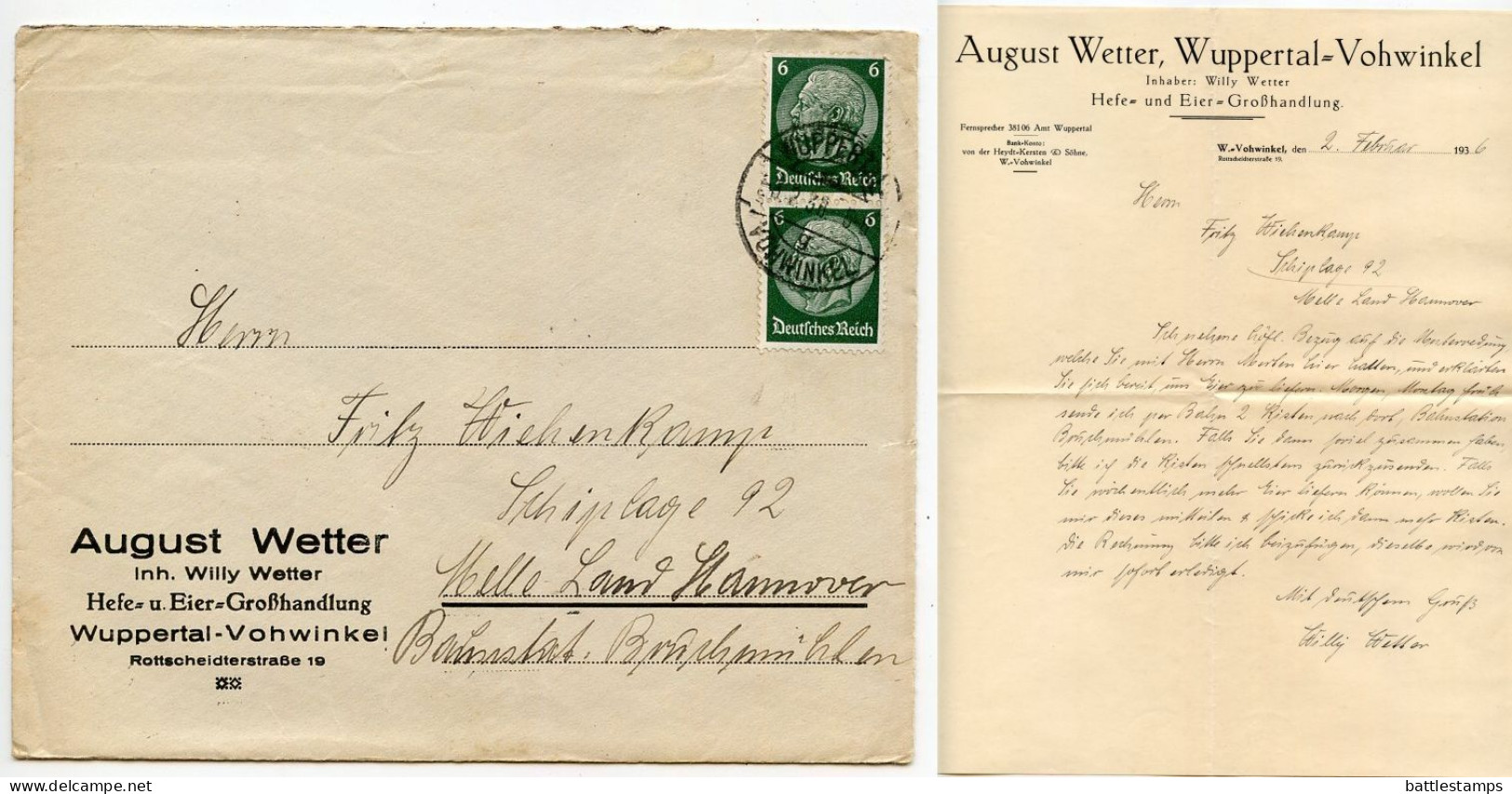 Germany 1936 Cover & Letter; Wuppertal-Vohwinkel - August Wetter, Hefe- Und Eier-Großhandlung; 6pf. Hindenburg, Pair - Covers & Documents