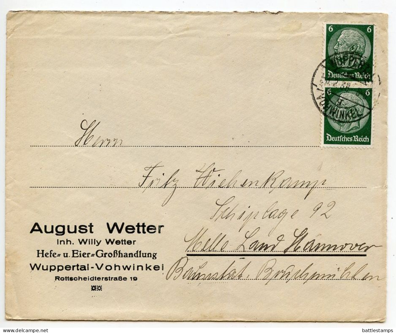 Germany 1936 Cover & Letter; Wuppertal-Vohwinkel - August Wetter, Hefe- Und Eier-Großhandlung; 6pf. Hindenburg, Pair - Brieven En Documenten