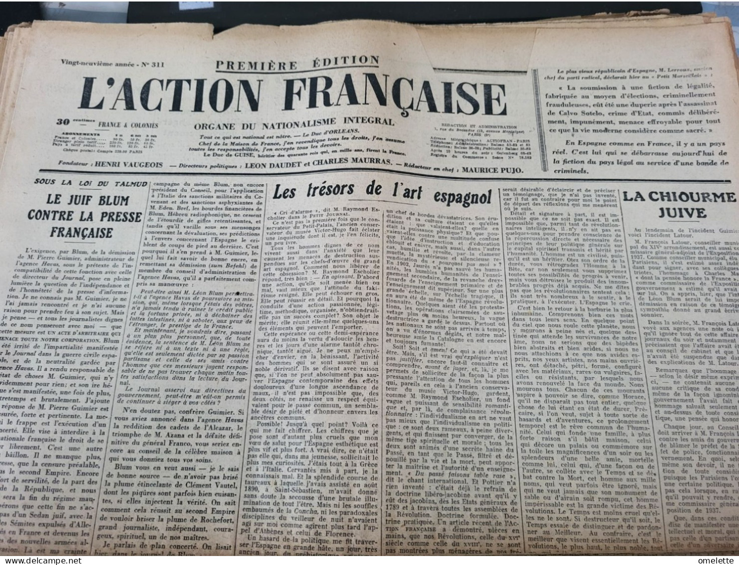 ACTION FRANCAISE 36/MAURRAS DAUDET/ JUIF BLUM /PELLISSON ART ESPAGNOL /CHIOURME JUIVE/ESPAGNE GUERRE MADRID - Sonstige & Ohne Zuordnung