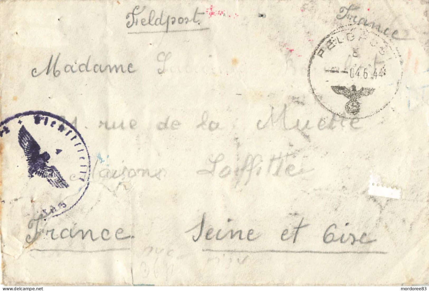 ALLEMAGNE LETTRE BRIEF FELDPOST 4/6/1944 POUR FRANCE MAISONS LAFFITTE + VERSO BANDE DE CENSURE - Brieven En Documenten