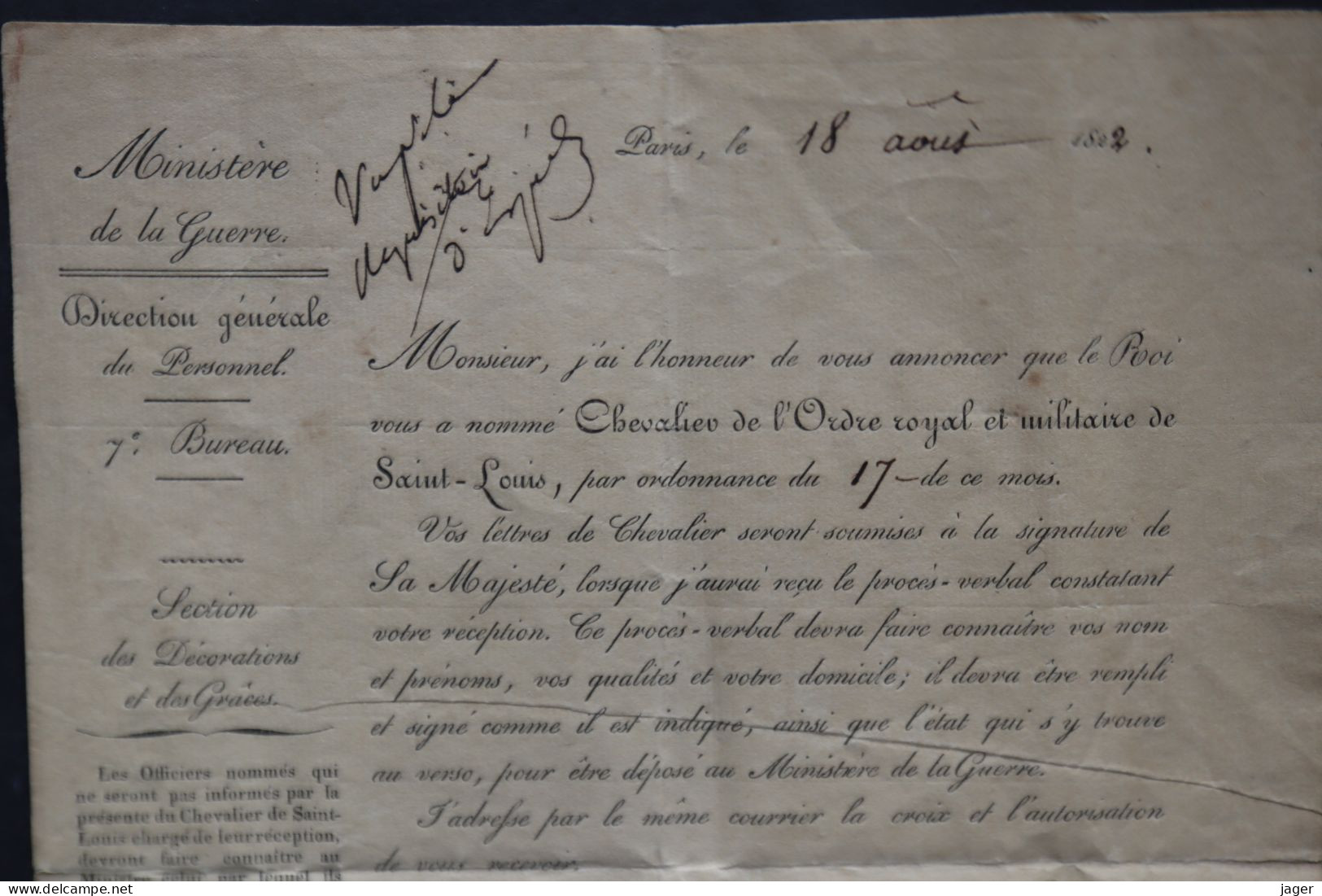 1822 Ordre Royal Et Militaire De Saint Louis Brevet De Nomination Signature Autographe Duc De Bellune - Documents Historiques