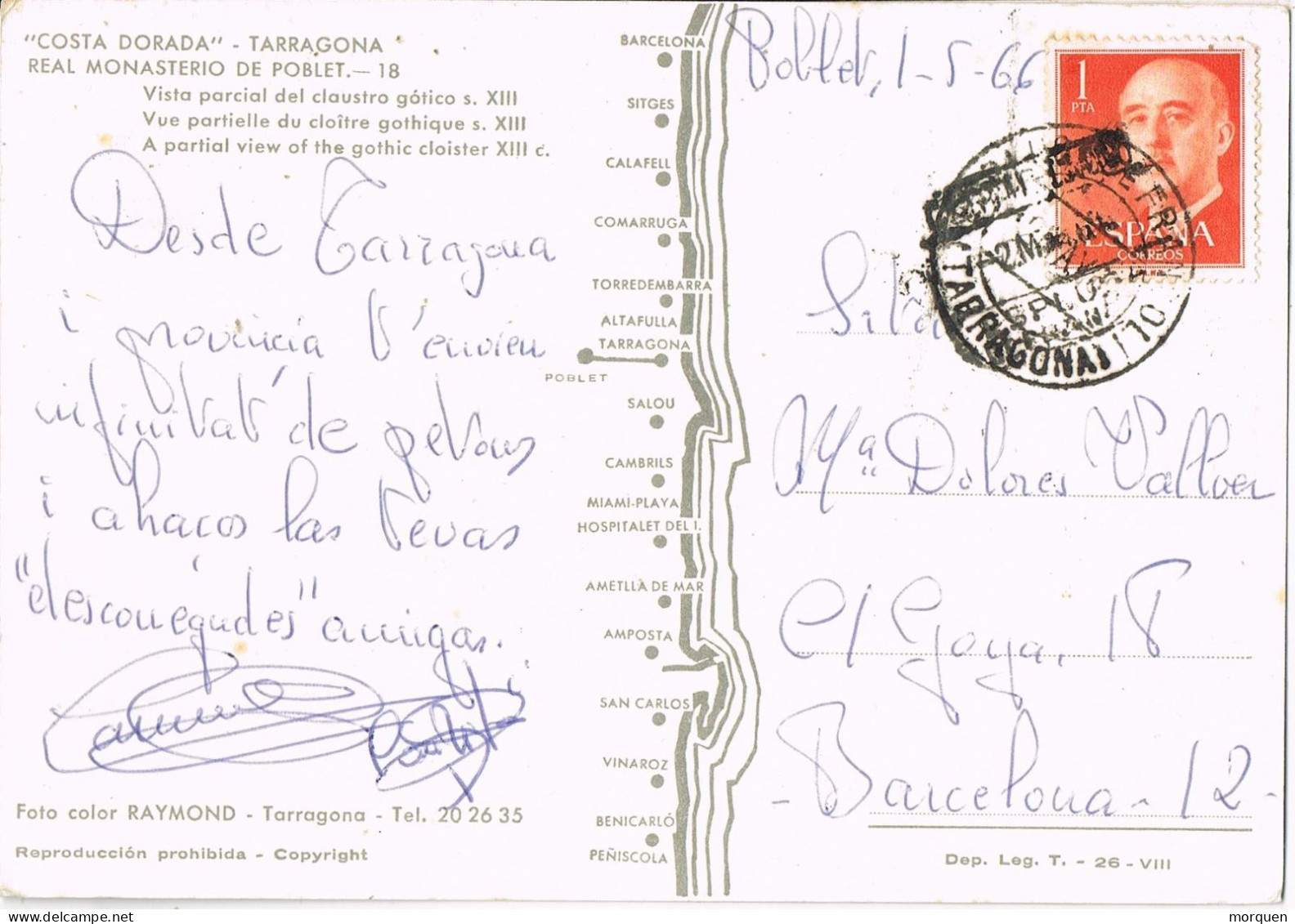 55079. Postal  POBLET (Tarragona) 1966. Doble Fechador Manual Y Certificado ESPLUGA De FRANCOLI. Monasterio - Lettres & Documents