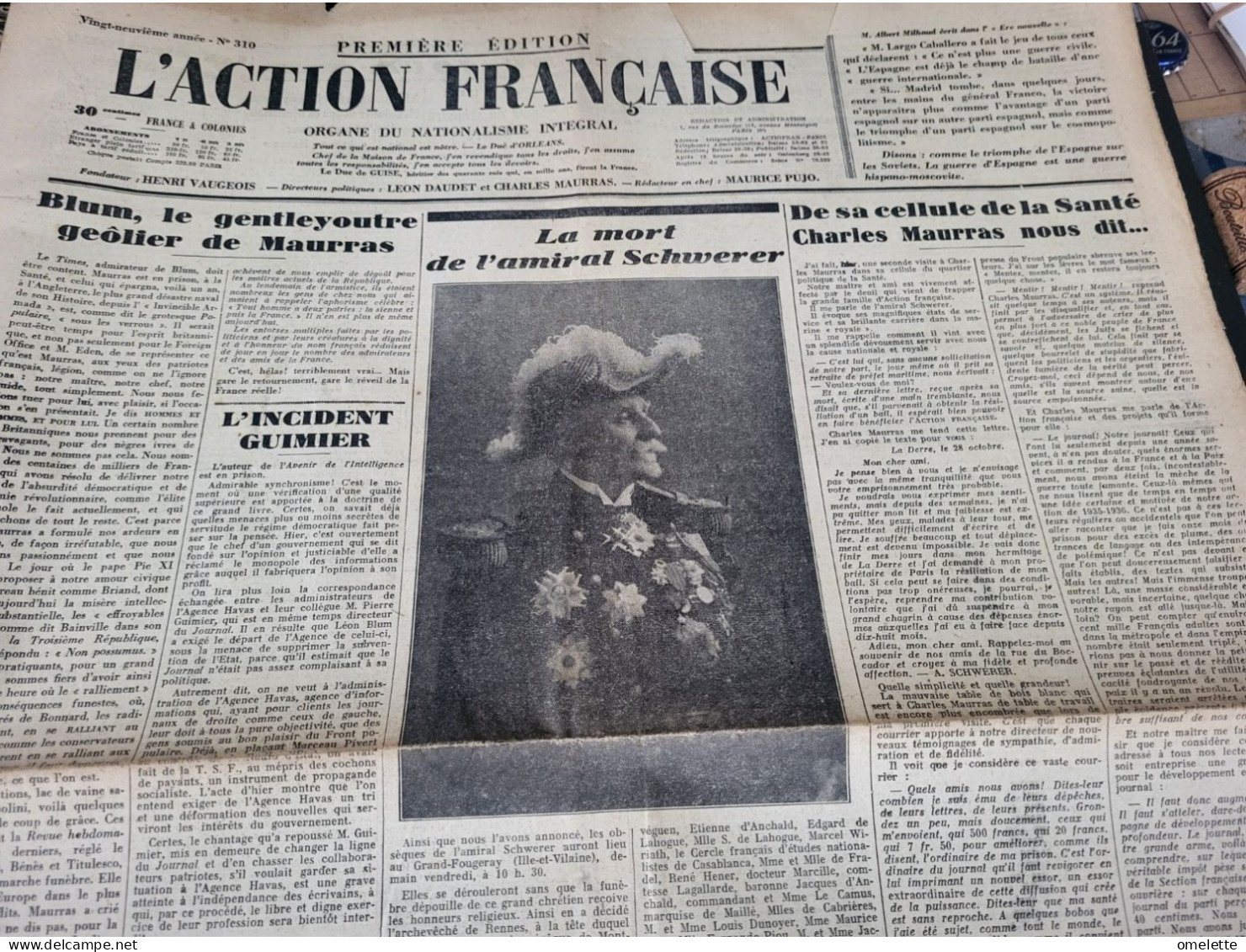 ACTION FRANCAISE 36/MAURRAS DAUDET/ BLUM GENTLEYOUTRE/MORT SCHWERER /CELLULE MAURRAS/LETTRE FRANCO - Sonstige & Ohne Zuordnung